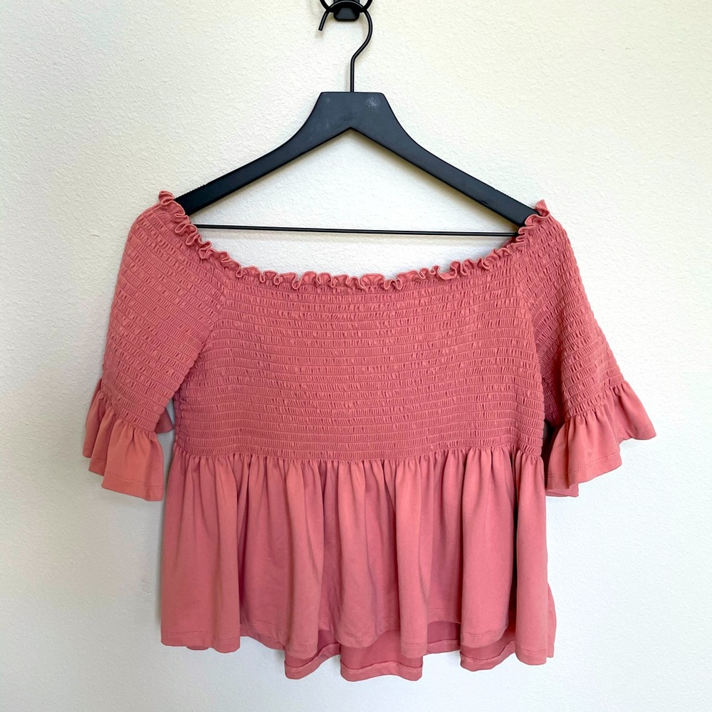Blush pink off shoulder blouse